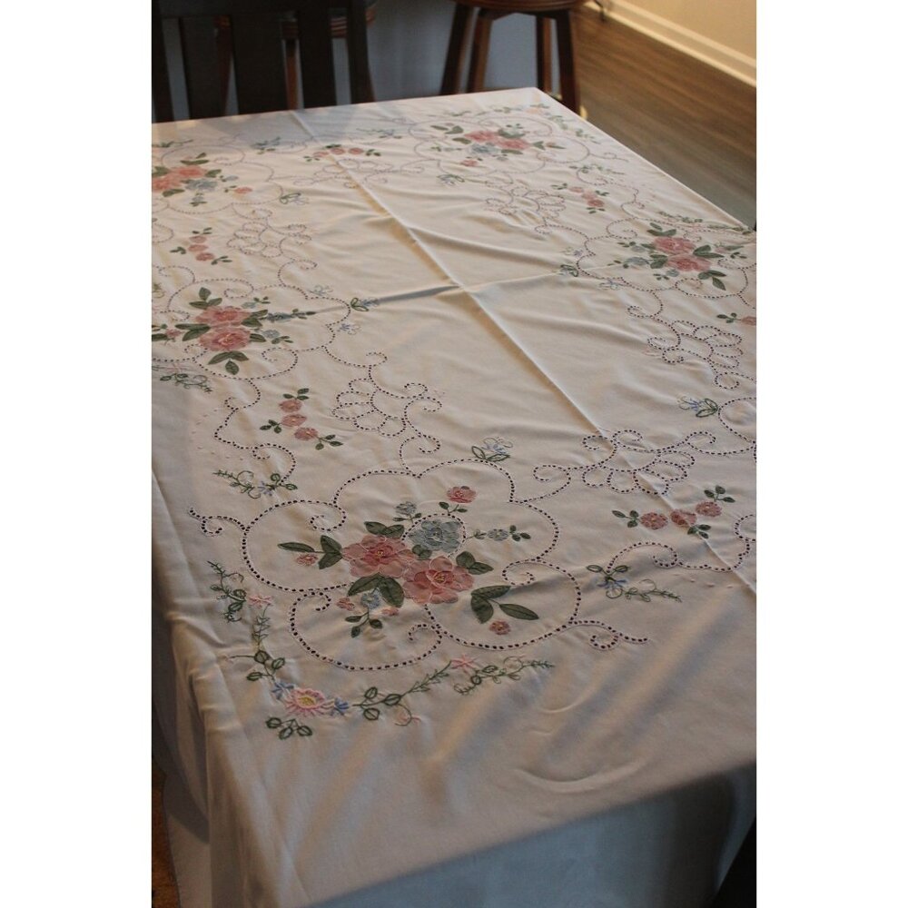 Vintage Cotton Embroidered Floral Tablecloth Cottagecore Grannycore Wedding gift
